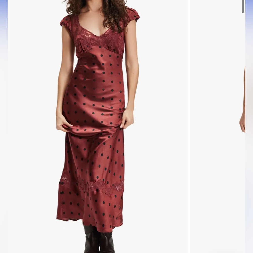 Free People Burgundy Polka Dot Lace-Trim Maxi Dress